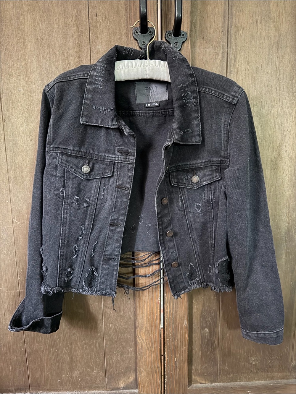 Distressed Black Cropped Denim Jacket 0024